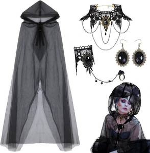 lot 55889 image: Toulite 4 Pcs Halloween Witch Costume Accessories Full Length Sheer Black Hooded Cape Gothic Necklace Bracelet Earrings Vampire Accessories for Women