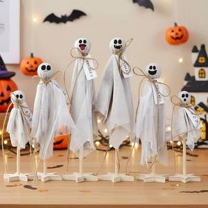 lot 55901 image: 6 Pcs Halloween Primitive Ghost Table Decor, Rustic Ghost Wooden Stand Sign Boho Farmhouse Wood Spooky Table Centerpieces for Halloween Office Indoor Party Decoration Supplies (Mixed Style)