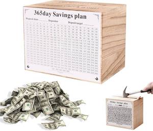 lot 55902 image: Piggy Bank for Kids and Adults, Wooden Money Saving Box for Cash, Unbreakable Piggy Bank for $10000 $5000 $3000 $1000 $800 $500 Target Money Saving Challenge.(Burly Wood)