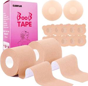 lot 65770 image: Boob Tape Set, 2 Rolls Boobtapes for Large Breasts A-G Cup, with 2 Types of Nipple Covers, Fashion Stretchable Tit Tape Stick on Bra Beige