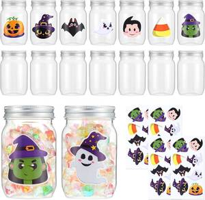 lot 88588 image: CIEOVO 15PCS Halloween Candy Jars Containers with Lid and Halloween Pumpkin Ghost Sticker Decoration for Halloween DIY Sugar Storage Dish Craft Trick or Treat Party Favor Gift