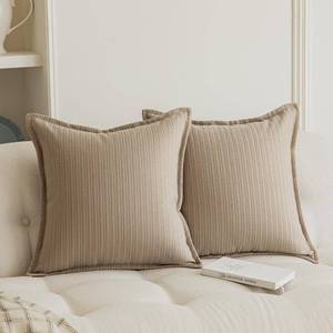 lot 65792 image: Set of 2 Herringbone Embossed Stripe Flange Throw Pillow Covers for Couch and Bed - 18x18, Khaki-Green