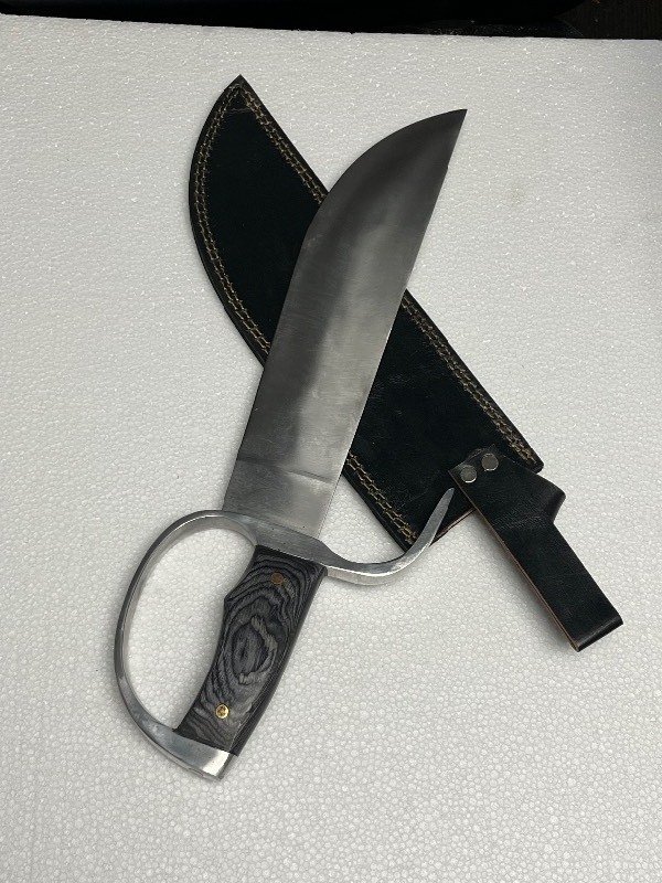 lot 6 image: Hardcore Heavy Duty Bowie Knife Style Huge Steel Blade - Finger Cover & Black Leather Sheath - 11.5 Blade