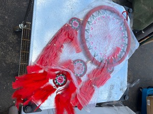 lot 19 image: Beautiful Red Large Dream Catcher w 3 Mini - 12 Diameter, hangs around 2