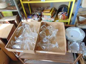 lot 3099 image: Clear Glass Stemware with Dishes and more