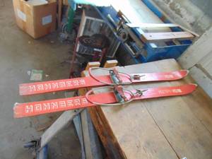 lot 3109 image: pair of Wooden Childrens Snow Skis with Bindings
