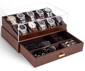 lot 7576 image: KAMIER Watch Box for Men, 10 Slots Mens Watch Case with Glass Lid, Watch Display Case With Drawer, 2-Layer Watch Holder Organizer, Jewelry and Watch Storage for Men Women, Walnut