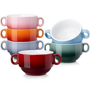 lot 7610 image: LOVECASA Multi-Color 12 OZ Soup Bowls with Handles, Ceramic Small French Onion Soup Bowls, Mini Soup Mugs Serving Bowls for Kitchen, Microwave & Dishwasher Safe,Set of 5
