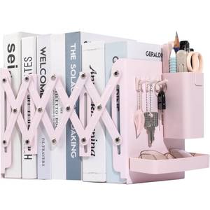 lot 7616 image: ALKALO Adjustable Bookends, 19 Metal Book Ends for Heavy Books, 2 Dividers Bookends with Removable Pen Holder, Tray, and 3 Hook-up, Book Organizer for Office, School, Bookstore, Home