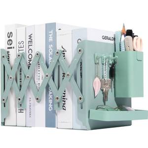 lot 7617 image: ALKALO Adjustable Bookends, 19 Metal Book Ends for Heavy Books, 2 Dividers Bookends with Removable Pen Holder, Tray, and 3 Hook-up, Book Organizer for Office, School, Bookstore, Home