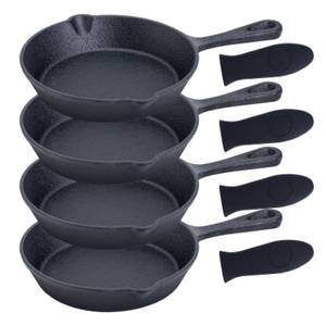 lot 7619 image: Bruntmor Cast Iron Frying Pan Set of 4-6x4 Inch Black Pre-Seasoned Skillets with Heat-Resistant Silicone - Mini Cast Iron Skillet Set for Stovetop, Oven, and Grill