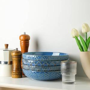 lot 7628 image: Sureasy Pasta Bowls Set of 3-30oz Large Embossed Serving Bowl Plates, 8.5 Inch Wide and Shallow Plate Bowls, Microwave, Oven & Dishwasher Safe, Blue