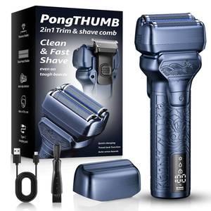 lot 7640 image: PongTHUMB Mens Cordless Foil Shaver All-in-One Push Trimmer, IPX7 Waterproof for WetDry Use, Shock & Slip Resistant, Aerospace-Grade Aluminum, Long-Lasting 1400mAh Battery, Gray Silver