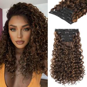 lot 7648 image: REECHO Curly Hair Extensions - 4PCS 14 GoGo Curly Clip in Hair Extensions 100% Super Protein Hairpieces with Invisible Lace Weft Silky Soft Natural Look - Chocolate Brown with Golden Highlights