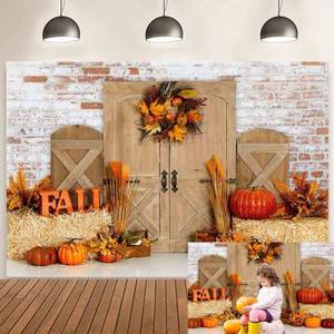 lot 7661 image: AIBIIN 10x7ft Fall Thanksgiving Backdrop for Photography Autumn Pumpkin Harvest Barn Brick Wall Background Rustic Wooden Door Haystack Landscape Maple Wreath Portrait Photoshoot Prop Studio Banner