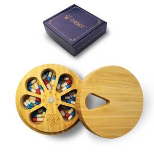 lot 7663 image: Bamboo Wood Weekly Pill Organizer for Medicine Vitamin Supplement, Arthritis Friendly 7-Day Pill Box Medium Container Holder, Daily Portable Travel Pill Case Keeper Dispenser