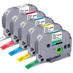 lot 7689 image: 5-Pack Label Maker Tape Replace for Brother TZe TZ Tape 12mm 0.47 Laminated Colored WhiteRedBlueYellowGreen Compatibel with Brother P Touch Label Maker PTH110 PTD220 PTD210 PT-D410