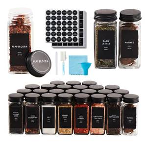 lot 7710 image: Skiileor 25 Pcs Spice Jars with Label- Glass Spice Jars with Black Metal Caps,Shaker Lids, Funnel, Chalk Pen, Brush,Cleaning Cloth 4oz Seasoning Containers Bottles for Spice Rack, Cabinet, Drawer