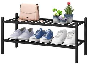lot 7723 image: 2-Tier Black Bamboo Shoe Rack for Entryway, Stackable  Foldable  Natural, Shoe Shelf Storage Organizer for Hallway Closet, Free Standing Shoe Racks for Indoor Outdoor