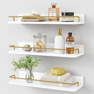 lot 7725 image: Forbena Gold Floating Shelves for Wall Decor Set of 3, Bathroom Shelves Over Toilet, Modern Display Wall Shelf with Guard Rail for Living Room Bedroom Organizers and Storage - White and Gold