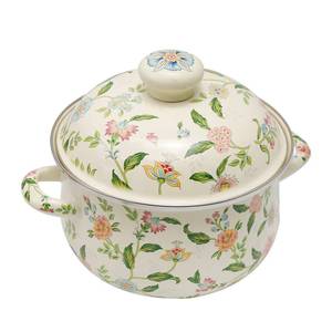 lot 7726 image: VIKKSAER 2.8 Qt Vintage Enamel Simmer Pot, Green Floral Enamel Stock Pot, Deep Vintage Cookware With Dural Handle for Stove Top, Ideal for 1-3 People