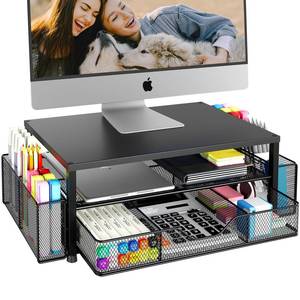 lot 7729 image: OPNICE Desk Organizer and Accessories, 2-Tier Computer Monitor Stand Riser with Drawer and 2 Pen Holders, Laptop Stand, Office Desk Accessories for Office Supplies, Black