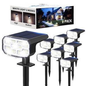 lot 7732 image: JEJOT Solar Lights Outdoor Waterproof IP65, Super Bright LED, 6500K 2 Lighting Modes, Solar Powered Yard Garden Solar Spot Lights for Outside Landscape Auto OnOff -8 Pack