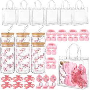lot 7743 image: Reallnaive 6 Set Pink Bow Baby Shower Game Prize for Winners Hair Band Wrist Bands Coquette Folding Mirror Pink Bow Claw Clips Glass with Transparent Bag for Bridal Shower Wedding Galentine Favors