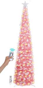 lot 7746 image: SINTENILL 6 FT Pop Up Christmas Tree with 100 LED Timer Lights & Remote, Pink Collapsible Christmas Tinsel Tree Artificial Pencil Tree Xmas Decoration for Holiday Home Office Party, USB Powered