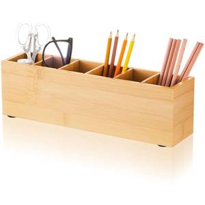 lot 7751 image: Jetec Wooden Pencil Pen Holder for Desk 6 Compartments Wood Office Desk Organizers for Countertop Adjustable Makeup Brush Organizer Silverware Caddy for Party, Home, Art Supplies(Bamboo)