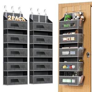 lot 7758 image: 2 Packs 5-Tier Over the Door Organizer with 10 Side Mesh Pockets, 48 lbs Load Capacity, 3 Hooks Design, Hanging Storage Organizer with Clear Windows for Bathroom, Bedroom, Nursery, Kitchen-Grey