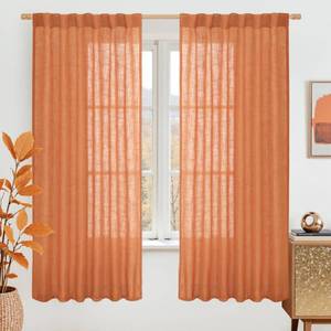 lot 7763 image: LAMIT Sheer Linen Curtains 63 Inch for Bedroom, Light Filtering Country Decor Semi Sheer Farmhouse Boho Curtains Back Tab and Rod Pocket Living Room Panels, Burnt Orange, 2 Panels, 52 x 63 Inch