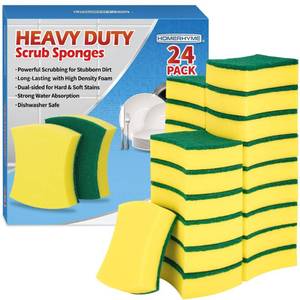 lot 7775 image: HOMERHYME Heavy Duty Scrub Sponges 24 Pack, Double-Side Design, Long-Lasting Kitchen Sponges, High Density Dish Sponge.