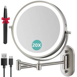 lot 7801 image: Auxmir 8 Wall Mounted Lighted Makeup Mirror, 3200mAh Rechargeable Double-Sided 1X20X Magnifying Mirror with Light, Touch Dimmable 3 Color Light, 360° Rotation Foldable Extended Arm, Nickel
