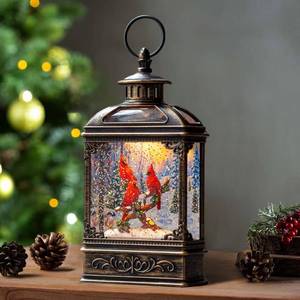 lot 7826 image: Christmas Snow Globe Lantern 3 Cardinal Perched on a Branch Musical Snow Globe with Swirling Glitter, Christmas Holiday Party Gifts and Decorations