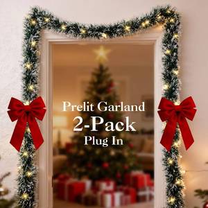 lot 7829 image: 2-Pack Prelit Christmas Garland, 15FT Lighted Artificial Holiday Garland with Lights for Fireplace, Stair Railings, Xmas Tree, Indoor & Outdoor D�cor Lighted Garland Plug in