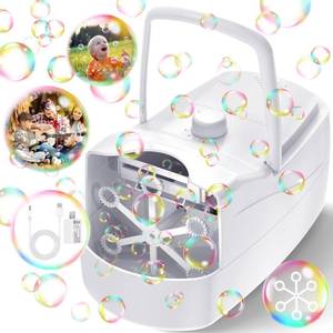 lot 7834 image: Bubble Machine, Automatic 18000 Per Minute Big Bubbles Blower Maker for Kids Toddlers with 2 Speeds,6 Wands,Operated by Plugin or Batteries for OutdoorIndoor Birthday Parties,Wedding (White)