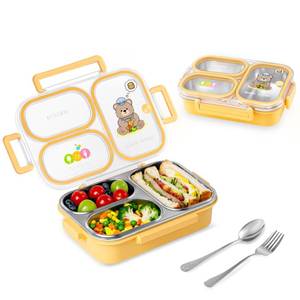 lot 7839 image: SAYAPE Stainless Steel Bento Lunch Box for Kids, 26.4 oz Leak-Proof 3-Compartment Metal Bento Box, BPA-Free, Cute Cartoon Meal Prep Snack Container with Utensils for School, Office, Travel - Yellow