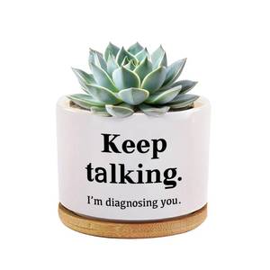 lot 7884 image: Loovelo Keep Talking Im Diagnosing You Ceramic Succulent Plant Pot with Bamboo Tray Round Psychology Gifts Doctor Dr Therapist Psychiatrist 3.5 Inch White (No Plants)