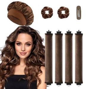 lot 7893 image: Heatless Curls Overnight Hair Curlers - 4 Pcs No-Heat Curling Rod to Sleep In and Shower Cap,Velvet Hair Rollers with Satin Wrap