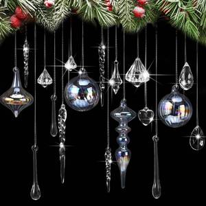 lot 7899 image: Civaner 32 Pcs Christmas Crystal Ornaments Hanging Clear Glass Plastic Hanging Decor Christmas Icicle Drop Crystal Ornaments for Xmas Tree Winter New Year Party Supplies (Holographic)
