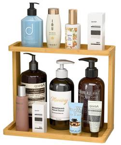 lot 7950 image: PEKER Bamboo Bathroom Organizer Countertop Small Vanity Storage Shelf for Makeup, Perfume, Skincare Natural Cosmetics Display Rack for Dresser, Sink, Kitchen- Natural