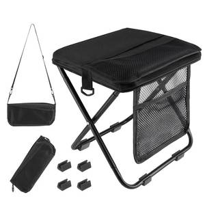 lot 7965 image: Portable folding stool with dual storage pockets and side pockets Compact adult-sized portable stool, ideal for camping, hiking, outdoor activities and events Maximum weight capacity 280 lbs (Black)