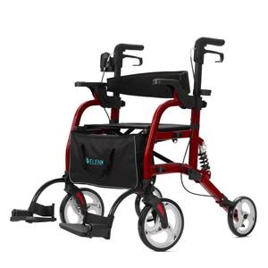 lot 1046 image: ELENKER 2 in 1 Rollator Walker & Transport Chair for Seniors, Folding Rolling Walker Wheelchair Combo with Wide Seat and Shock Absorber, Red - Retail $131