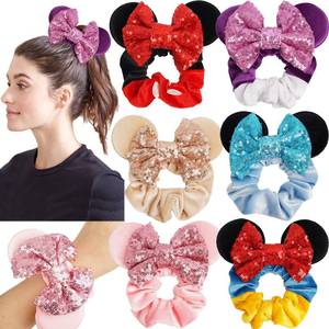 lot 1014 image: 6 Pack Mouse Ears Scrunchies Velvet Sparkle Sequin Mouse Bows Hair Scrunchies Hair Ties Elastic Rubber Bands Ponytail Holders for Kids Women Girls Christmas Party Decoration - Retail $10
