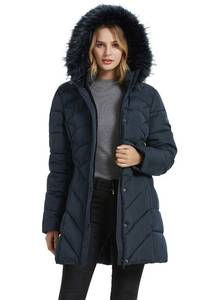 lot 1018 image: Womens Heated Stylish Coat, New Year Heavy Weigh Long Hooded100% Polyester Trail Workwear Jacket with Fur Hood(BlackM) - Retail $100