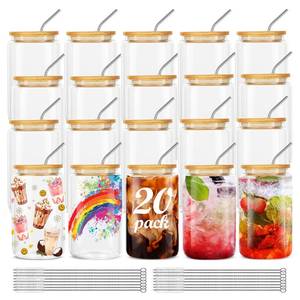 lot 1020 image: ASKIZ 20Pcs Glass Cups With Bamboo Lids and Straws,16Oz Ice Coffee Cup,Drinking Glasses Cups Set,Water Bottles Glasses for Juicing,Beer,Coffee,Soda,Tea-Glass Tumbler Reusable for Gifts - Retail $49