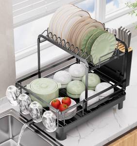 lot 1033 image: Runnatal 2-Tier Dish Drying Rack, Large Dish Rack with Drainboard Set, Detachable 4-in-1 Large Capacity Dish Drainer Over The Sink Anti-Rust for Kitchen Counter, Black - Retail $28