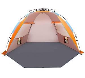 lot 1038 image: Oileus X-Large 4 Person Beach Tent Sun Shelter - Portable Sun Shade Instant Tent for Beach with Carrying Bag, Stakes, 6 Sand Pockets, Anti UV for Fishing Hiking Camping, Waterproof Windproof, Orange - Retail $60