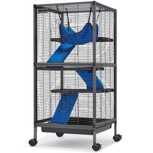 lot 1039 image: HABUTWAY 45H Metal Small Animal Cages, Rolling Chinchilla Cage with Removable Ramps, Lagre Critter Nation Cage for ChinchillasGuinea PigsRabbit, Ferret Cages with Hammock & 4 Tiers, Black - Retail $104